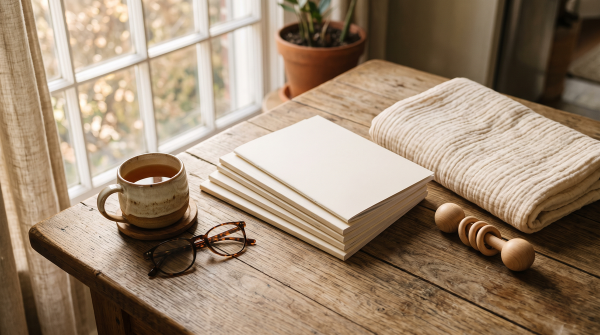 A stack of NoJargonHQ printable guides on a warm kitchen table with a swaddle blanket, wooden rattle and cup of tea